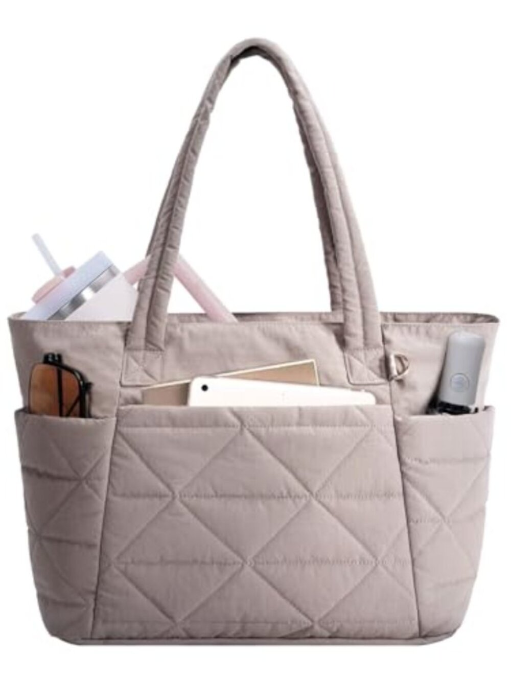 Quilted Puffer Tote Bag with Dual Bottle Pockets Fits 15.6" Laptop